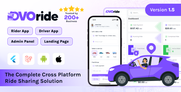 OvoRide v1.5 – Complete Cross Platform Ride Sharing Solution